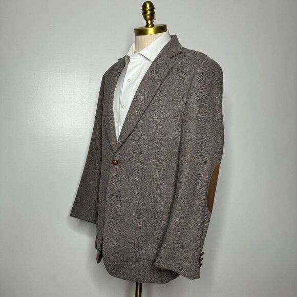 Vtg Calibrini Tweed Sport Coat‎ Blazer 42L Mens Solid Brown Elbow Patch - Picture 1 of 11